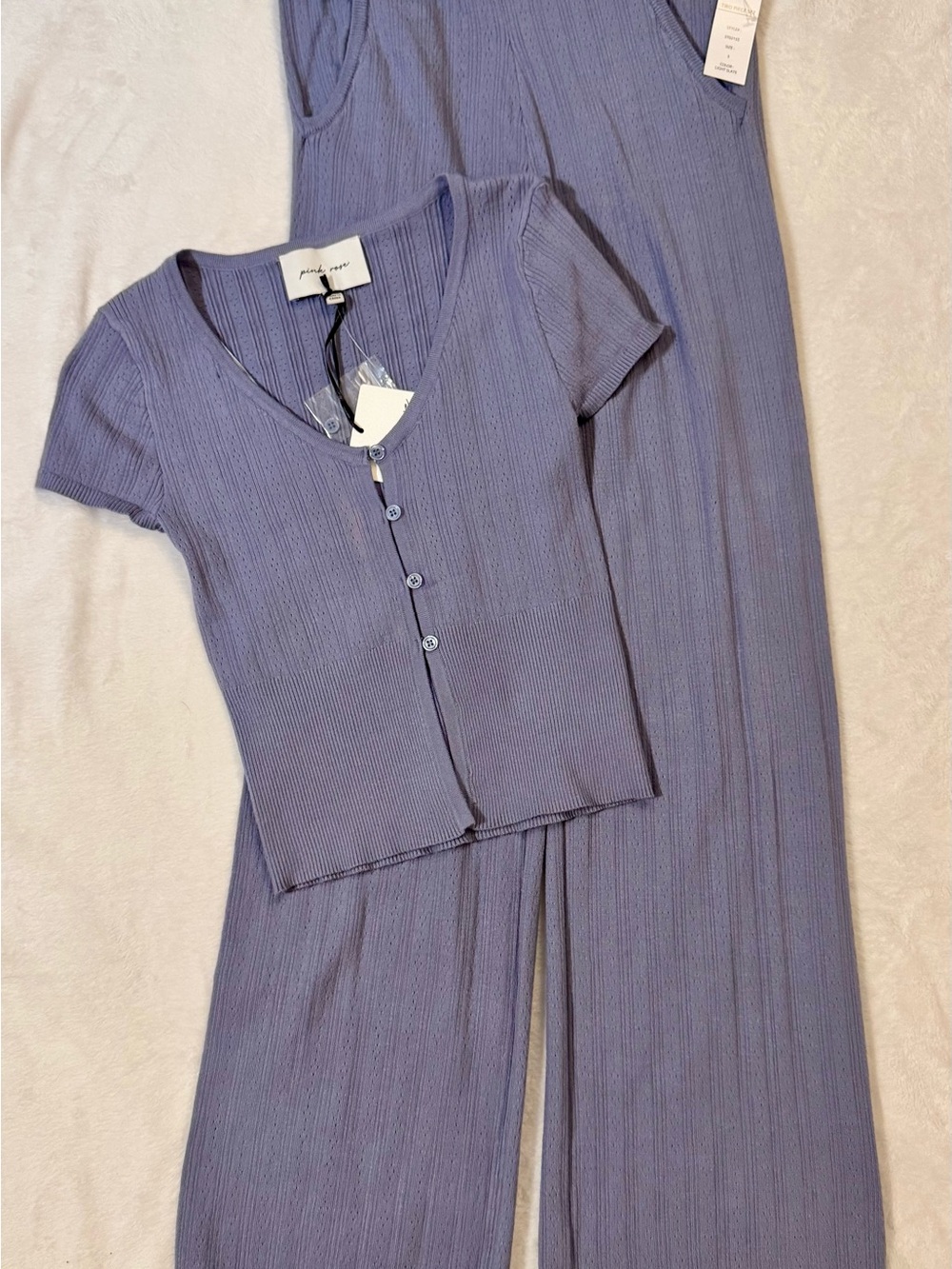Pink Rose Light Slate Ribbed Knit 2pc Set V-Neck Top Wide Leg Pants